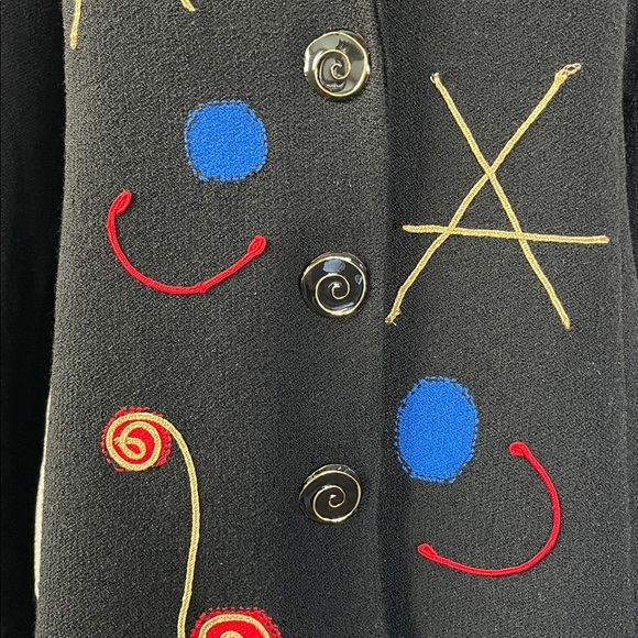 Vintage 1980s Steve Fabrikant Cardigan Embroidered Wool Black Gold Red Size M - Picture 6 of 10